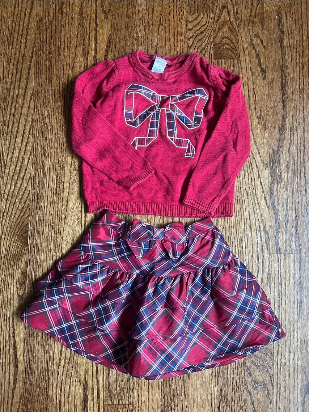 Gymboree Red Sweater & Red Plaid Bow Skirt Set